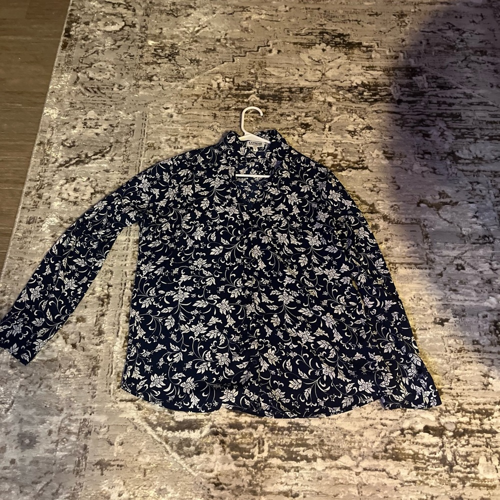 Express Navy and White Floral Button Down Shirt